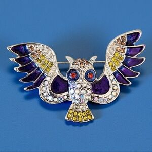 NEW Rhinestone Enamel Colorful Owl Pin Brooch Wings Open Spread Purple Silver